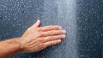 A person is washing their hands with water coming out of the shower photo