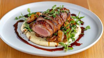 A plate with a meat dish on top of a bed of mashed potatoes photo
