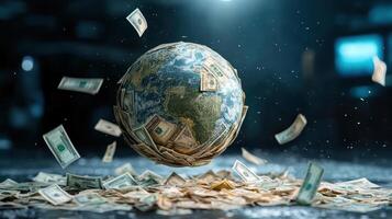 Money falling from the earth globe concept photo