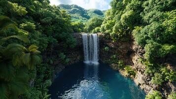 A waterfall surrounded by lush tropical vegetation photo