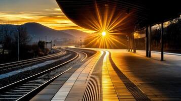 A train station at sunset with the sun shining through the clouds photo