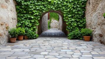 An archway with green ivy growing over it photo