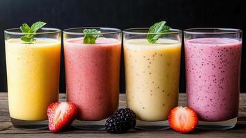 Five different smoothies in glasses on a wooden table photo