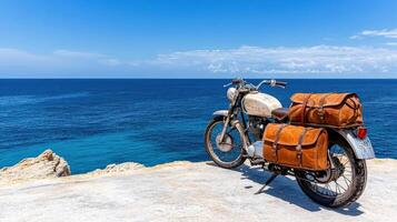 A motorcycle parked on a cliff overlooking the ocean photo