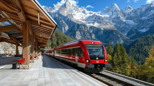 un rojo tren es tracción dentro un estación con montañas en el antecedentes foto