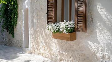 A white building with a window with flowers photo