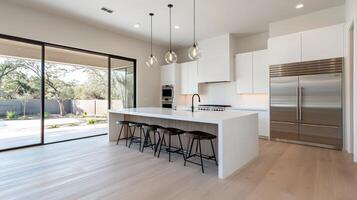 A modern kitchen with white cabinets and wood floors photo