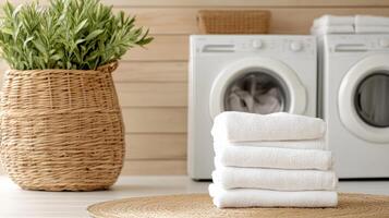 A stack of towels in front of a washing machine photo
