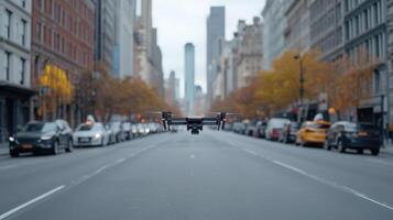 A drone flying over a city street with cars and buildings photo