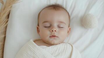 A baby sleeping in a white blanket photo