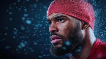 A man with a beard and red hat on a dark background photo
