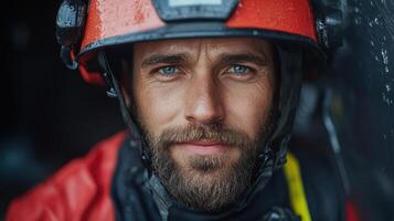 Portrait of a man in a red helmet photo