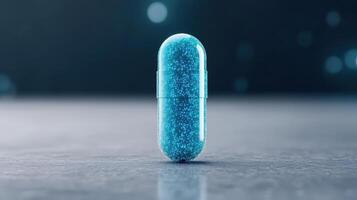 A blue pill on a table with a blurred background photo
