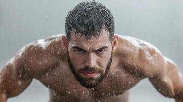 A man with a beard and shirt on is standing in the rain photo