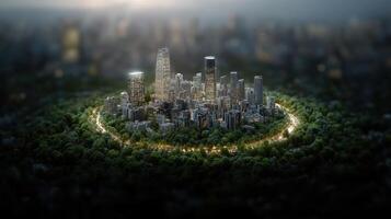 A city surrounded by trees and a large green circle photo