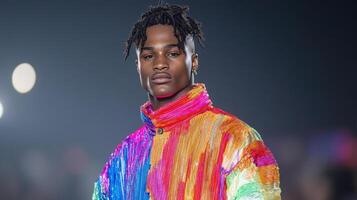 A man wearing a rainbow colored jacket photo