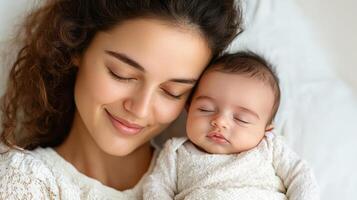 A woman is holding her baby while smiling photo