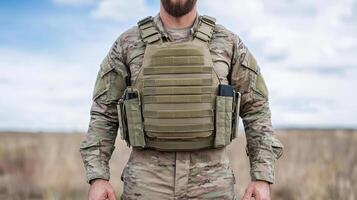 A soldier in a military uniform is standing in a field photo