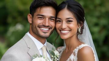 A smiling bride and groom in front of a green background photo