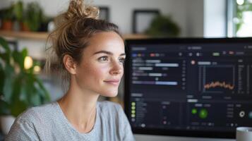 A woman sitting at a desk with a computer screen photo