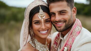 A beautiful bride and groom smiling at the camera photo