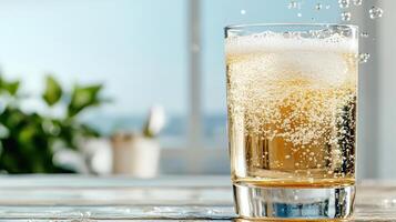 A glass of beer with ice and bubbles photo