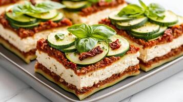 A square of lasagna with cucumbers and tomatoes photo