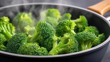 Broccoli steaming in a pan photo