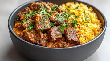 Indian beef curry with rice photo