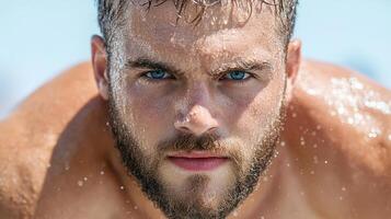 A man with blue eyes and a beard is in the water photo