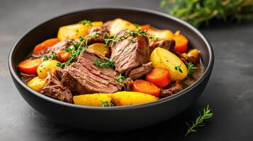Beef stew with carrots and potatoes in a black bowl photo