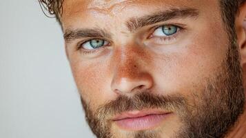 A close up of a man with a beard and blue eyes photo