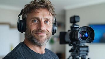 A man with headphones and a camera photo