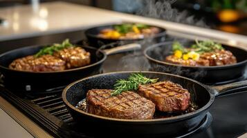Steak cooking on a stove top photo