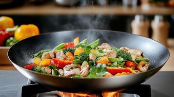 A wok with vegetables and meat cooking on a stove photo
