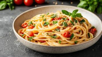 Spaghetti with tomato sauce and basil leaves in a bowl on a black background photo