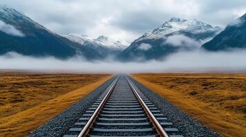 A train track in the middle of a field with mountains in the background photo