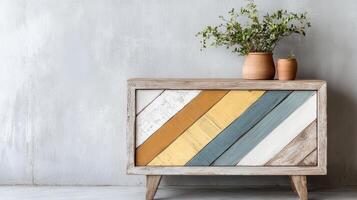 A wooden sideboard with a plant on top photo