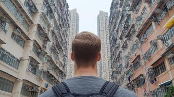 A man with a backpack standing in an alley photo