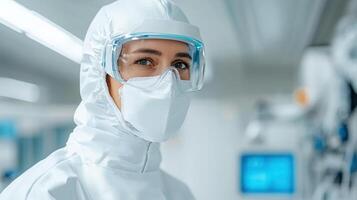 A woman in a lab coat and face mask photo