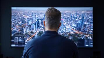 A man is watching a tv with a city on it photo
