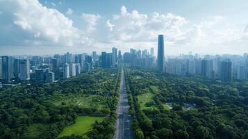Cityscape of shanghai, china, aerial view of the city skyline and green park photo