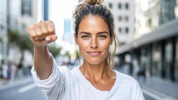 A woman is pointing her fist in the air photo