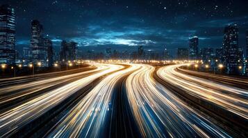 A city at night with traffic lights and lights photo