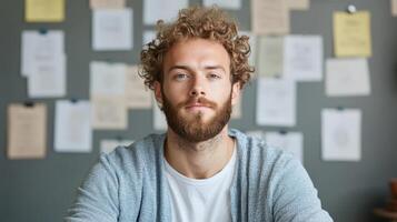 A man with curly hair and beard sitting at a desk photo