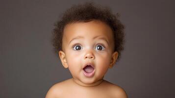 A baby with an open mouth looking surprised photo