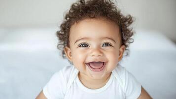 A baby with curly hair is smiling photo