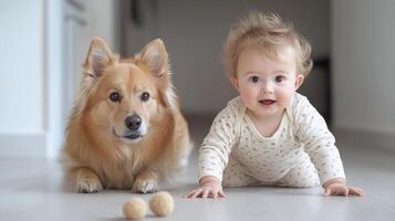 A baby and a dog on the floor photo