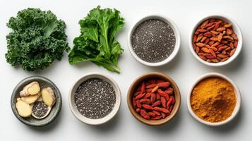 Various types of spices and herbs in bowls photo