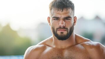A shirtless man with a beard standing in front of a pool photo